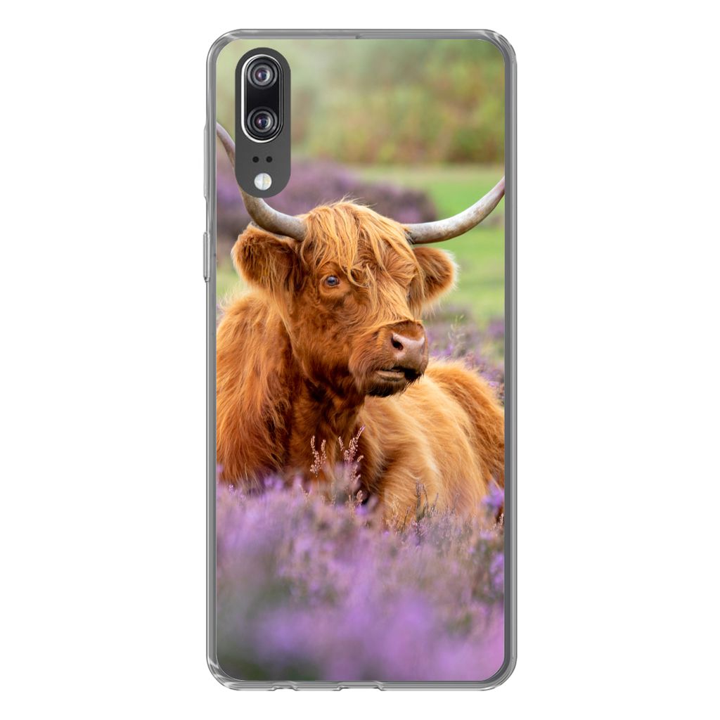 MuchoWow Handyhülle Schutzhülle Hülle für Huawei P20 Schottischer Highlander - Braun - Büsche Silikon Softcase Handy Hülle - Hardcover