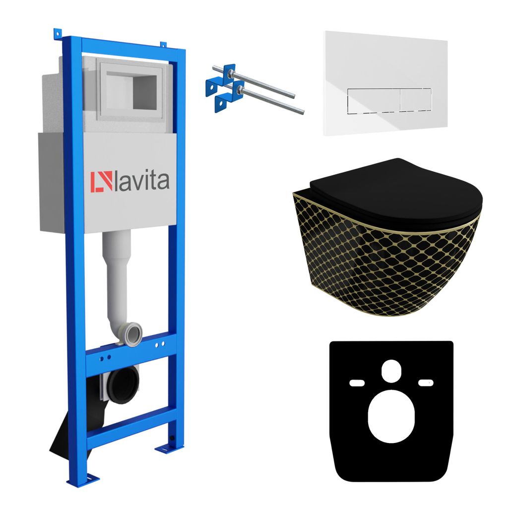 Lavita LAV 101 Vorwandelement für WC 40cm + Wand Hänge Tiefspül WC SOFI SLIM BLACK NIGHT Spülrandlos + Bedienplatte LAV 200.3.1 Weiß | Komplet...