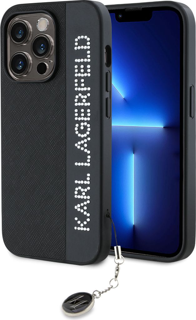 Karl Lagerfeld PolyurethanSaffiano Rhinestone and Charm Hülle für iPhone 14 Pro Schwarz Schutzhülle