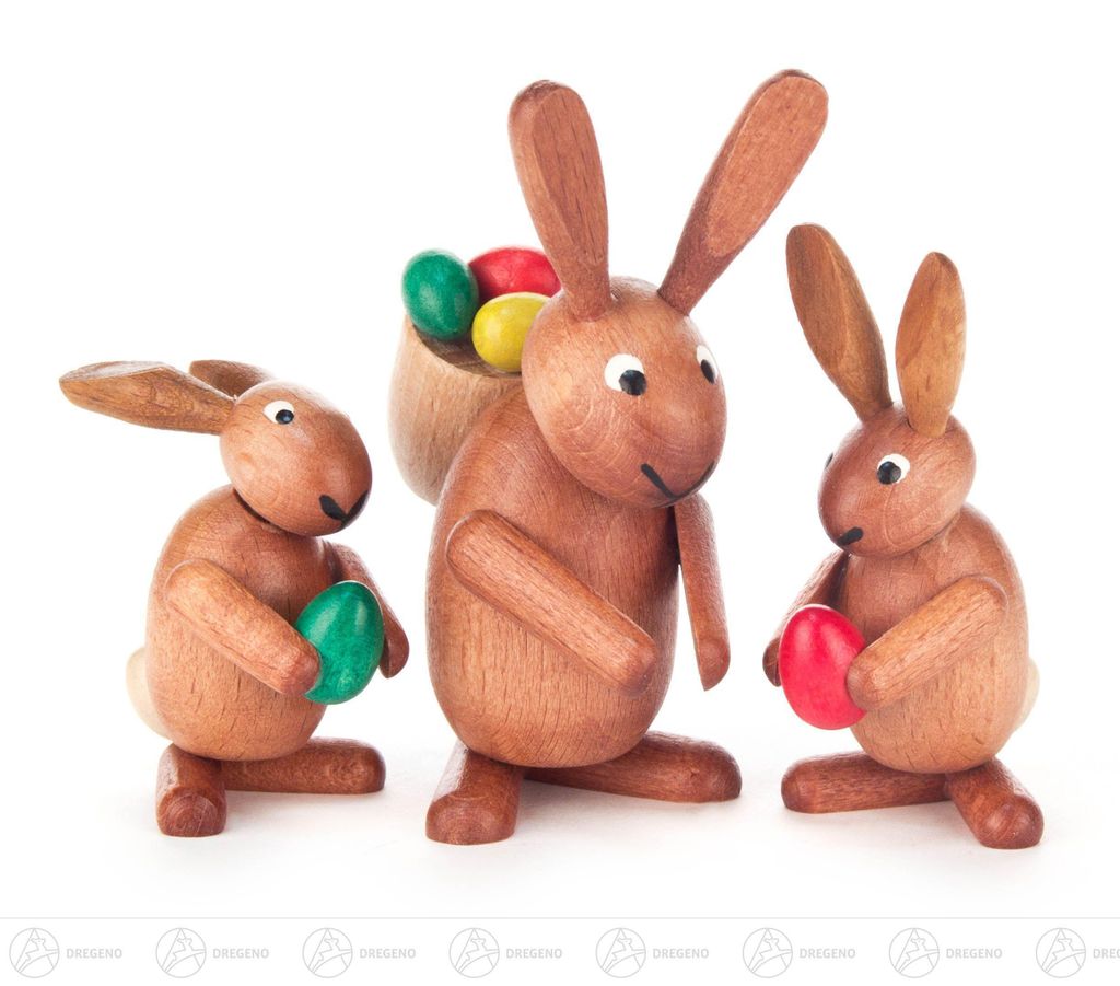 Ostern & Frühjahr Hasentrio mit Eiern braun gebeizt  Höhe Produktbild 