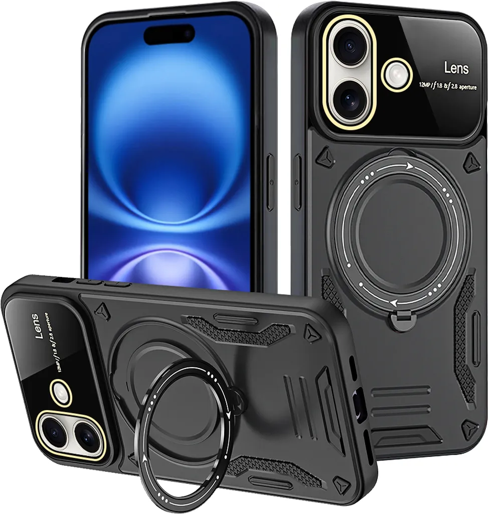 Odolné pouzdro pro iPhone 16 Plus Dual-Layer Magnetic Ring Holder Stand Magsafe Case černé