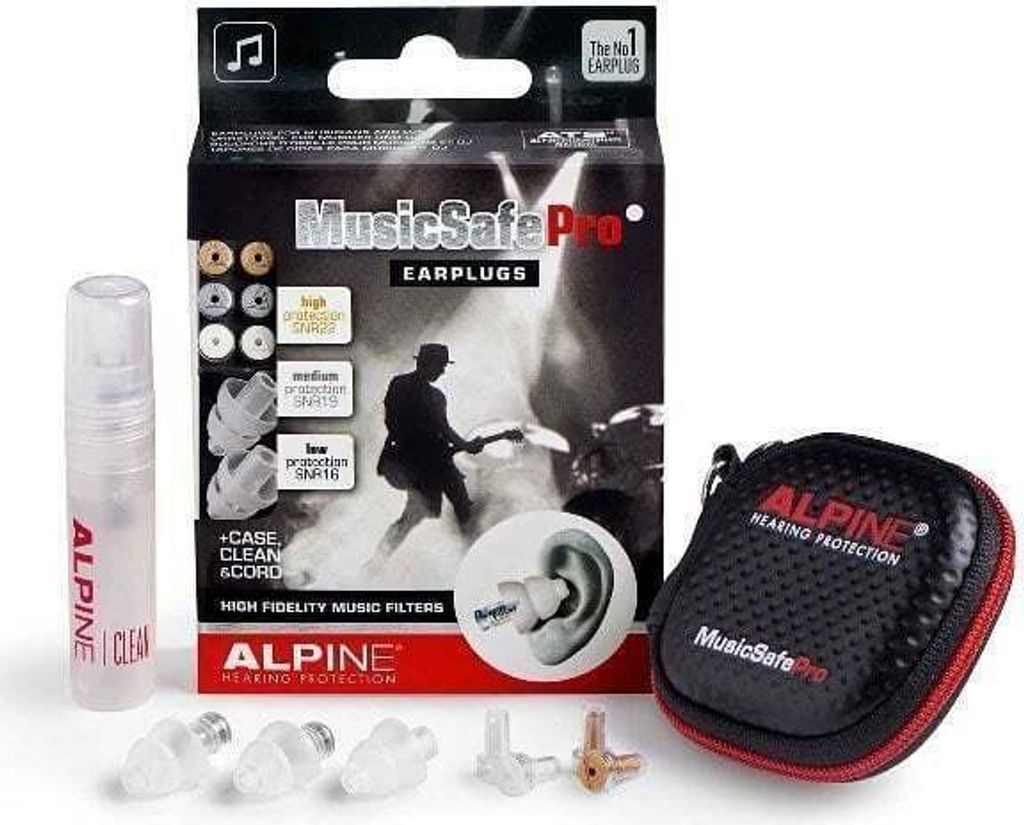 A product shot of Alpine MusicSafe Pro earplugs and accessories, including the packaging, a cleaning spray, and the earplugs themselves.