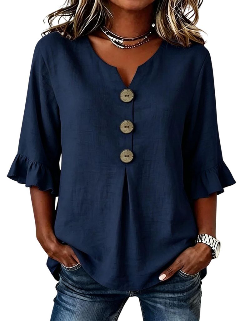 ASKSA Damen Bluse Musselin Tshirt V-Ausschnitt 3/4 aermel Produktbild 