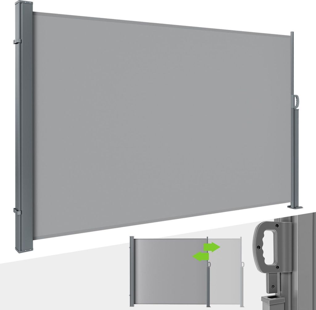 Ikodm Seitenmarkise 300 x 160 cm Ausziehbar Windschutz, Sichtschutz für Balkon & Terrasse, Seitenrollo mit Wandhalterung Sonnenschutz - Grau Markise