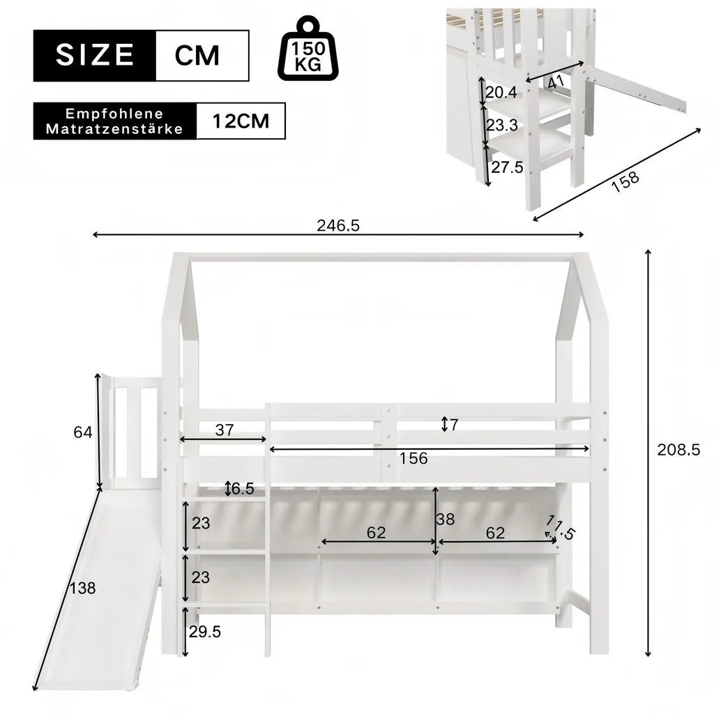 Lit superposé sécurisé anti-chute avec toboggan et rangement intégré