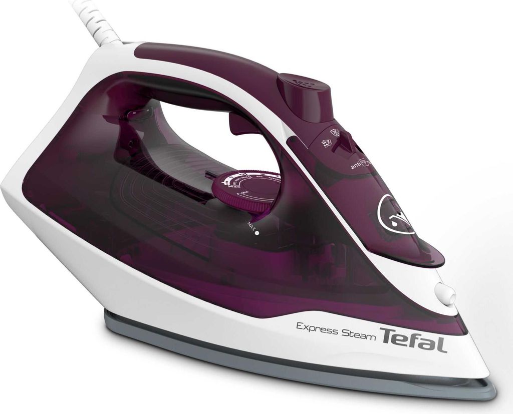 A studio shot of a purple and white Tefal steam iron against a white background.