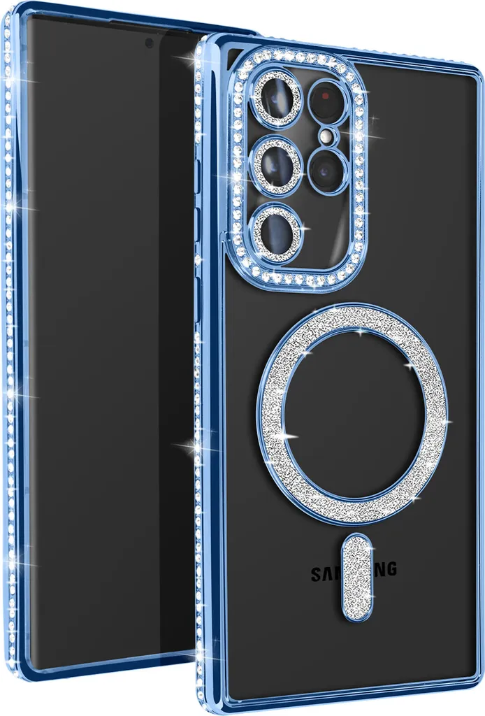Cover MagSafe Samsung S23 Ultra Avizar Blu Chiaro con Bordi Strass