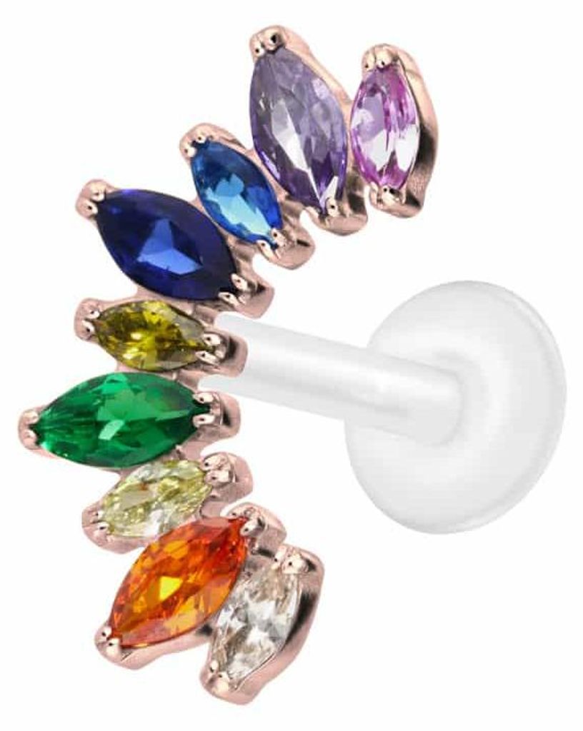 Ohrpiercing, Nasenpiercing PTFE Labret mit Innengewinde + Titan-Aufsatz BUNTER KRISTALLBOGEN RoséGold Stablänge: 9mm | Stabstärke: 1,2mm