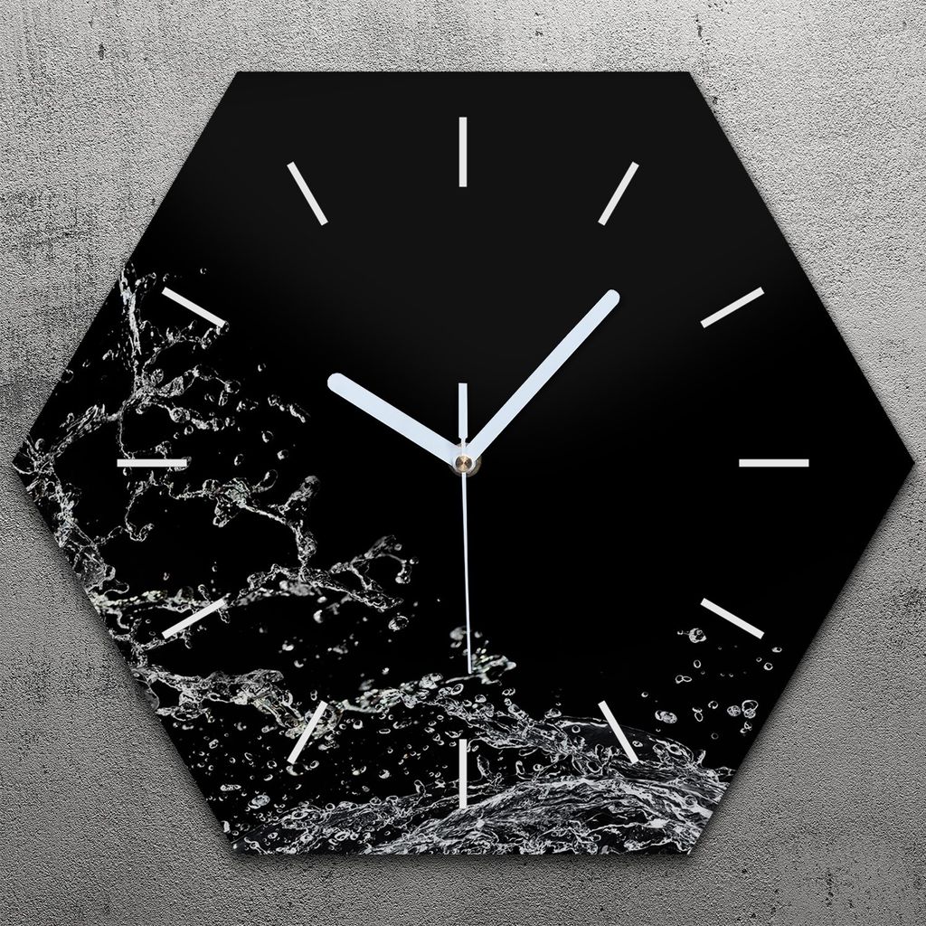 Uhr hexagonal 40 cm Glas Geräuschlos weiße Zeiger - Limette und Wasserspritzer