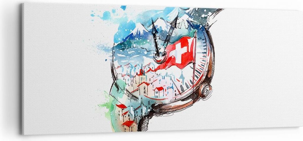 Bild auf Leinwand - Leinwandbild - Uhr Schweizer Alpen Wolke - 120x50cm - Wand Bild - Wanddeko - Leinwanddruck - Bilder - Kunstdruck - Wanddekorati...