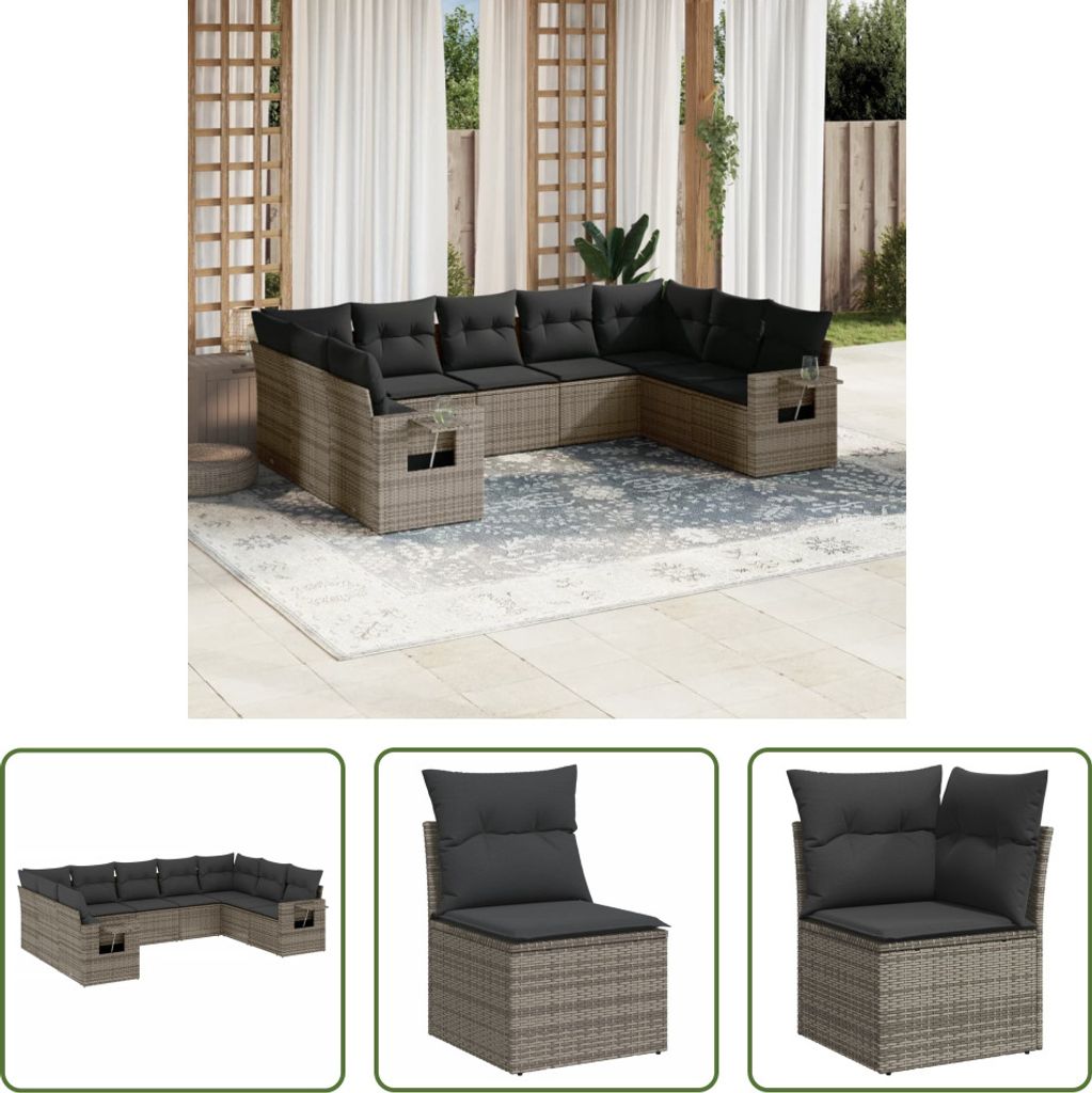 The Living Store 9-tlg. Garten-Sofagarnitur mit Kissen Grau Poly Rattan