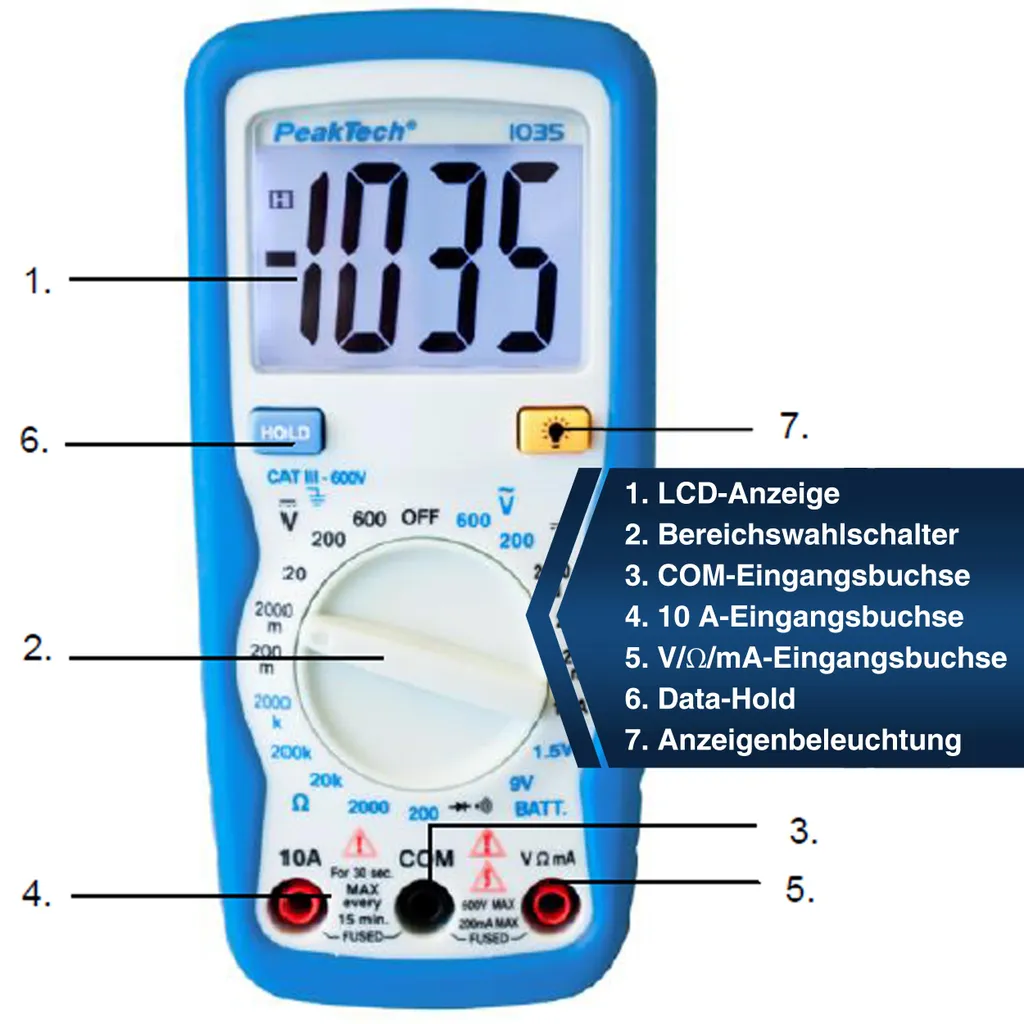 Multimètre PeakTech 1035 avec rétroéclairage et test de batterie intégré 9V - 7