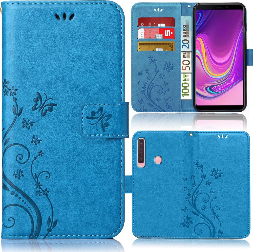 Handy Tasche für Samsung Galaxy A40 Schutz Hülle Handyhülle mit Blumenmuster Klapp Hülle mit Standfunktion und Kartenfächer Blau