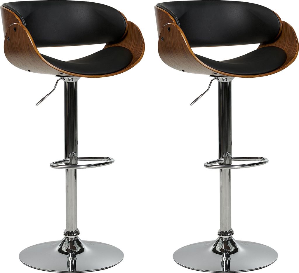 BELIANI Barhocker 2er Set Schwarz u. Silber Kunstleder Höhenverstellbar Drehbar mit hoher Rückenlehne Holzoptik Metallgestell Fußstütze Retro
