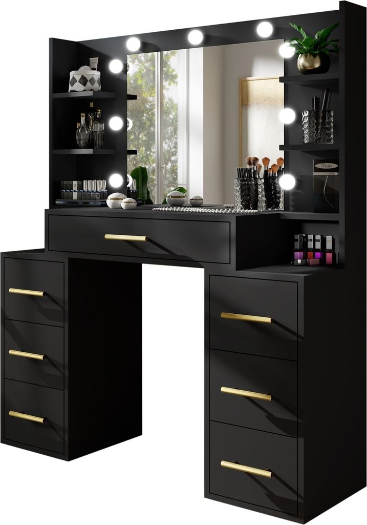 BETTSO Schminktisch Schwarz mit LED-Beleuchtung & Spiegel STAR – Make-up Tisch mit Schubladen und Regalen – Hollywood-Stil
