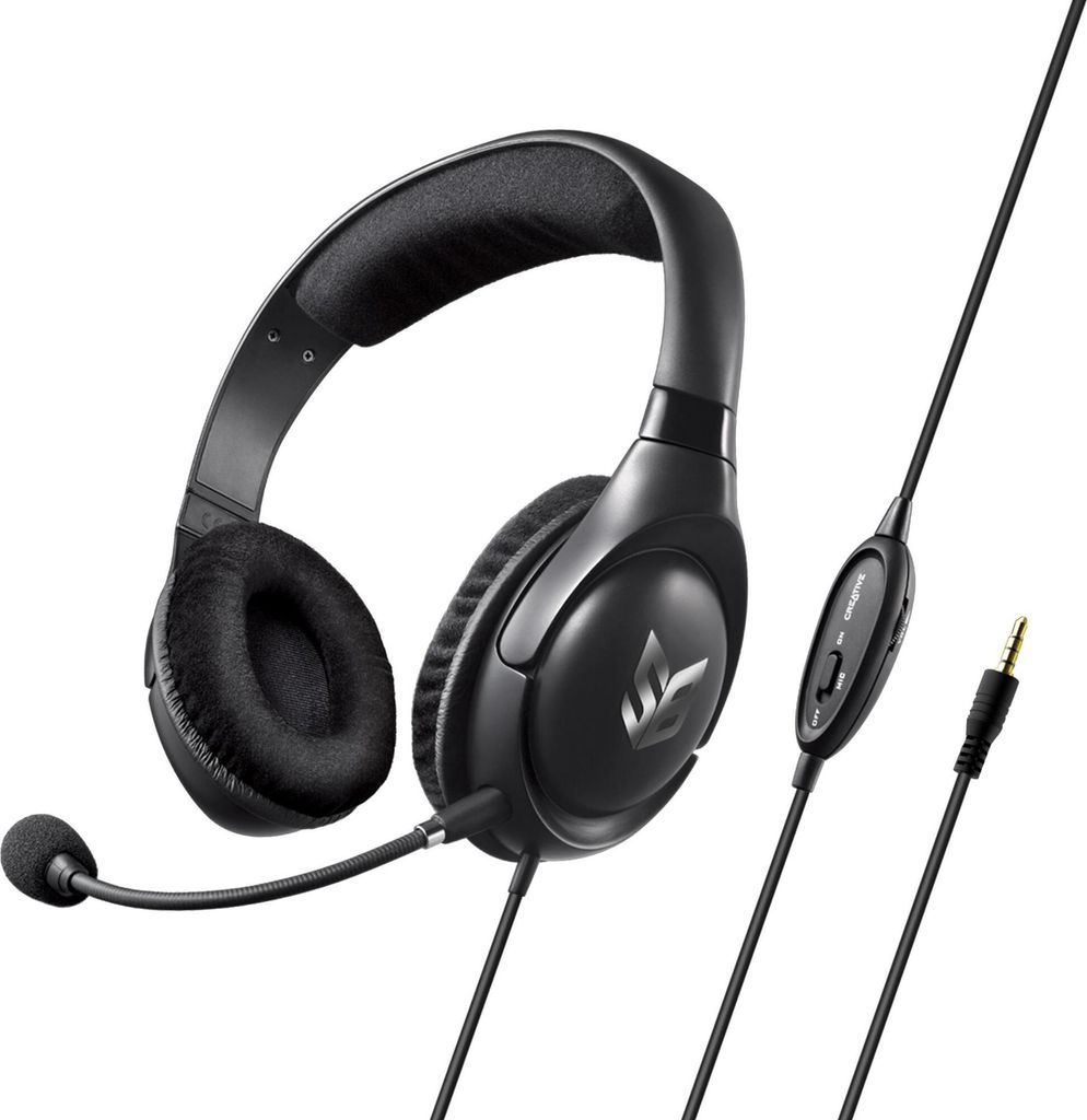 A black gaming headset with a microphone is shown against a white background.