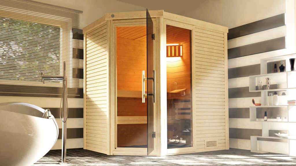 weka Design-Massivholzsauna CUBILIS ECK 1 inkl. Sauna-Leuchtenset, Lieferung und Montage x B x T x H x 195 x 145 x 205