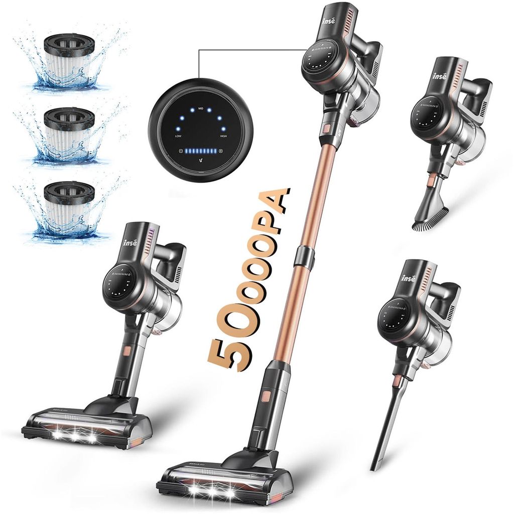 A collage of images showcasing a cordless vacuum cleaner and its accessories, along with marketing text.