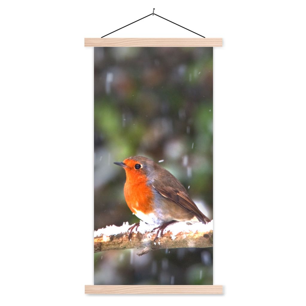 MuchoWow Textilposter Rotkehlchen - Schnee - Zweig 40x80 cm mit holzfarbenen Rahmen - Wohnzimmer