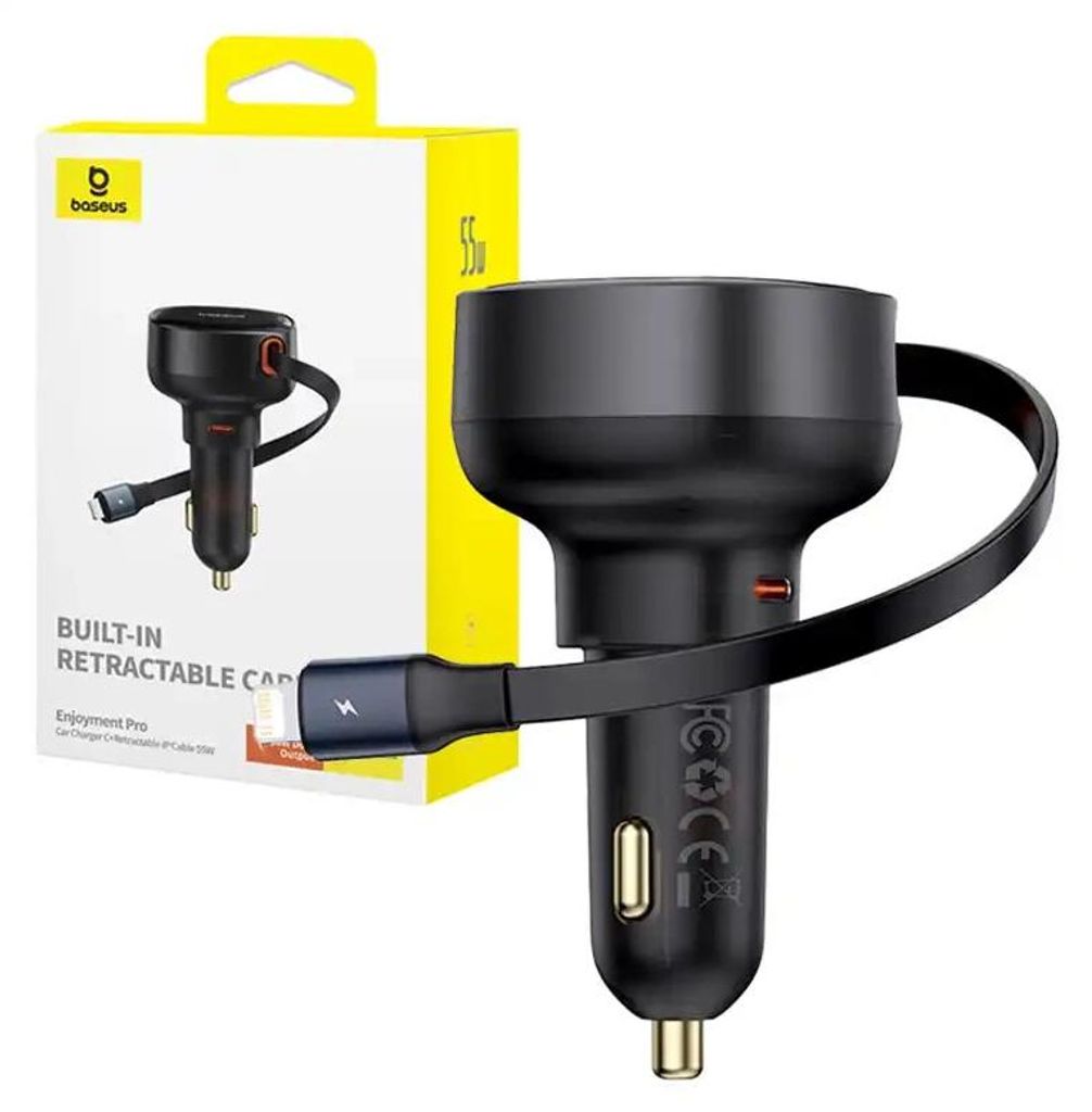 Autolader Baseus Enjoyment Pro met Lightning-kabel + USB-C, Productafbeelding 