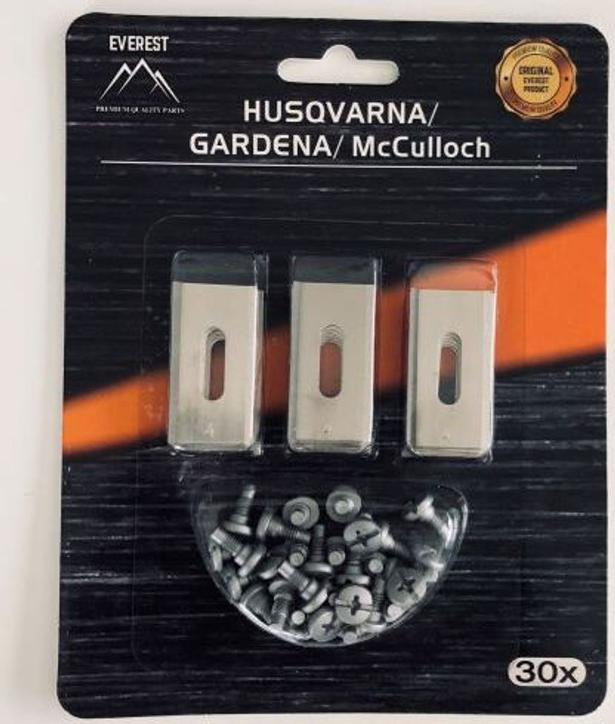 A retail package containing three metal blades and a bag of screws for an Automower.