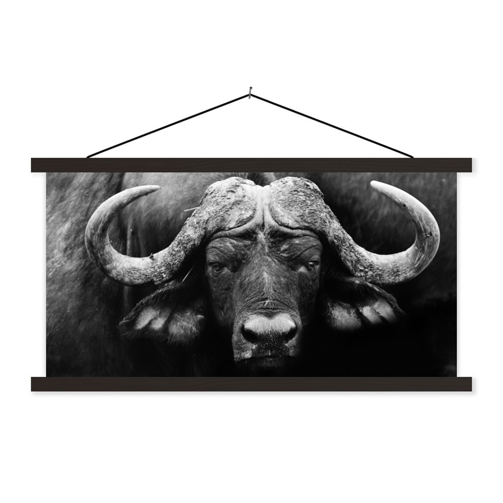 MuchoWow Textilposter Tiere - Büffel - Schwarz - Weiß - Porträt 90x45 cm mit schwarzem Rahmen - Klemmleisten