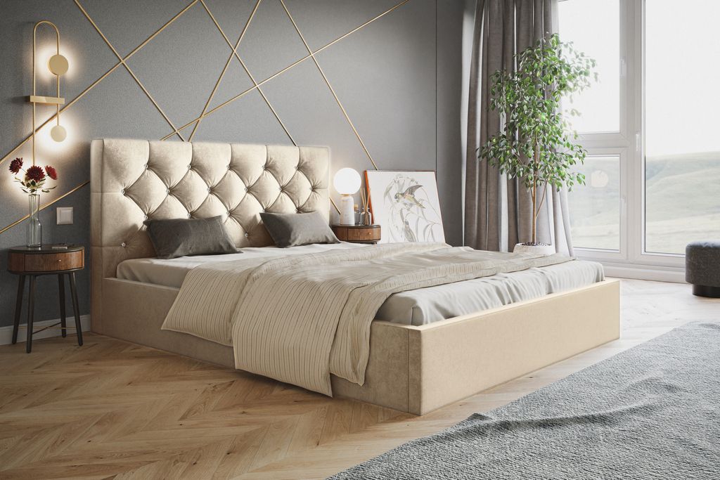 Polsterbett mit bettkasten 180x200 Molly - Doppelbett mit Metall lattenrost, Schlafzimmerbett - Designer-Bett, Velour-Stoff (Beige - Amor Velvet 4304)