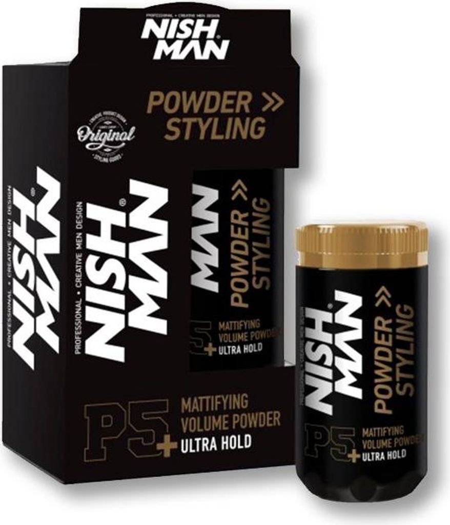 A product shot of Nishman P5 Ultra Hold Mattifying Volume Powder hair styling product, showing both the box and the container.