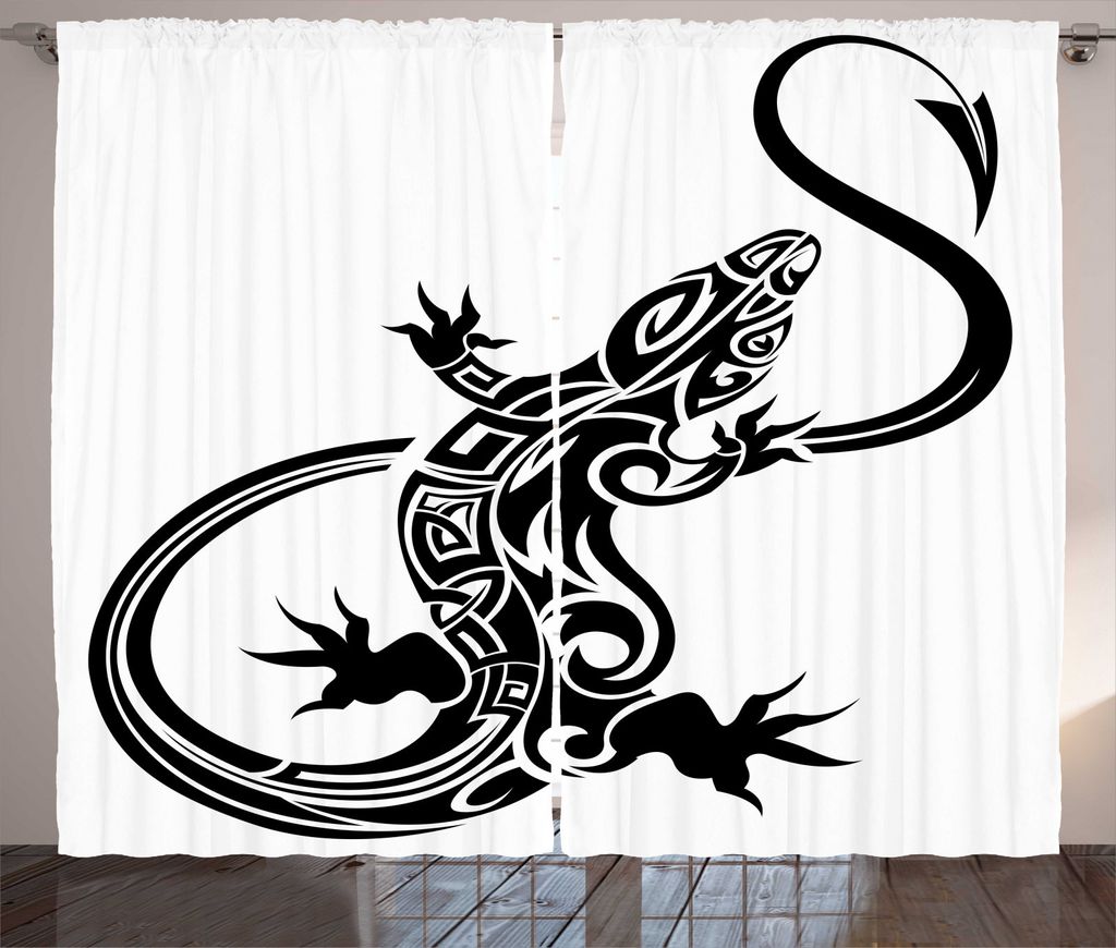 ABAKUHAUS Leguan Rustikaler Gardine, Lizard Silhouette-Entwurf, Schlafzimmer Kräuselband Vorhang mit Schlaufen und Haken, 280 x 245 cm, Schwarz un...