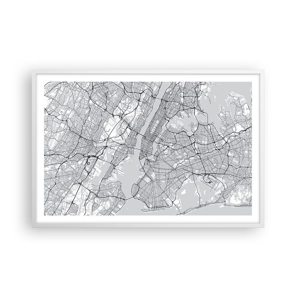 Gerahmtes Poster - Weißer Rahmen - Neu York Karte - 91,5x61 cm - Wand Bild - Wanddeko - Wandbilder - Kunstposter - Wandposter - Bilderrahmen - Bil...
