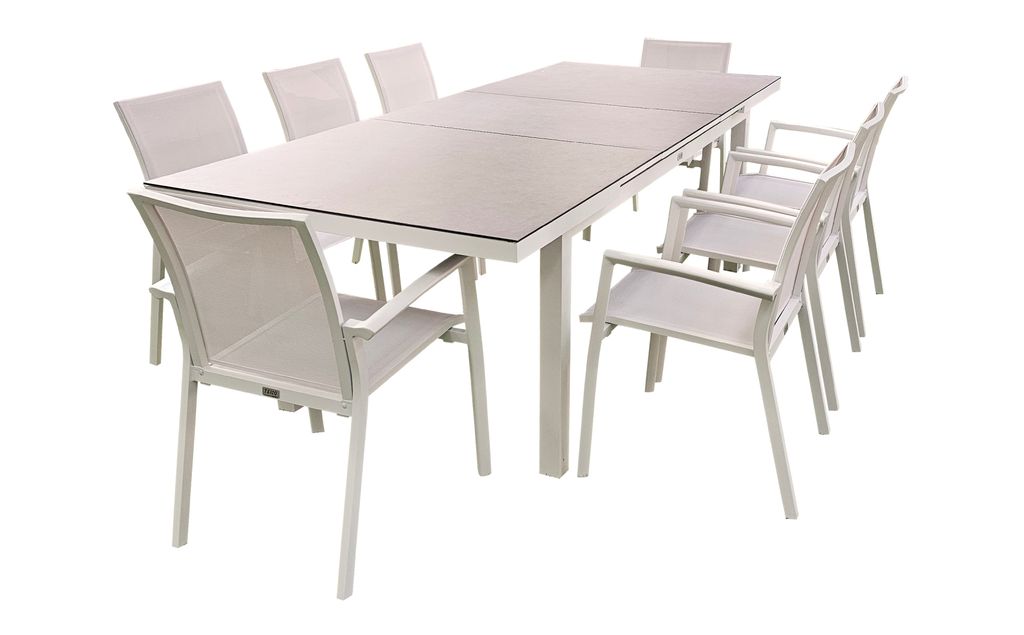 9-tlg. Alu Gartenmöbel Set weiß ausziehbarer Tisch 180-240 cm mit 8 stapelbaren Stühlen