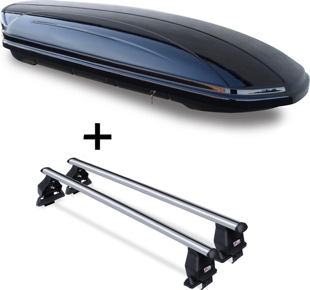 Dachbox VDPMAA460 460Ltr schwarz glänzend abschließbar + Alu Dachträger Menabo Tema kompatibel mit für Porsche Macan (95B) (5 Türer) ab 13