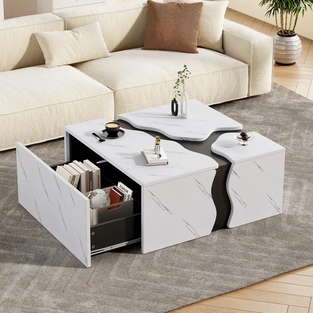 Table basse carrée 70x70 cm aspect marbre blanc avec tiroir de rangement - 2