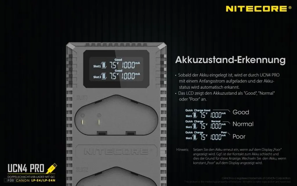 Chargeur Rapide Nitecore UCN4 PRO avec Écran LCD pour Gamme Canon 1D - 7