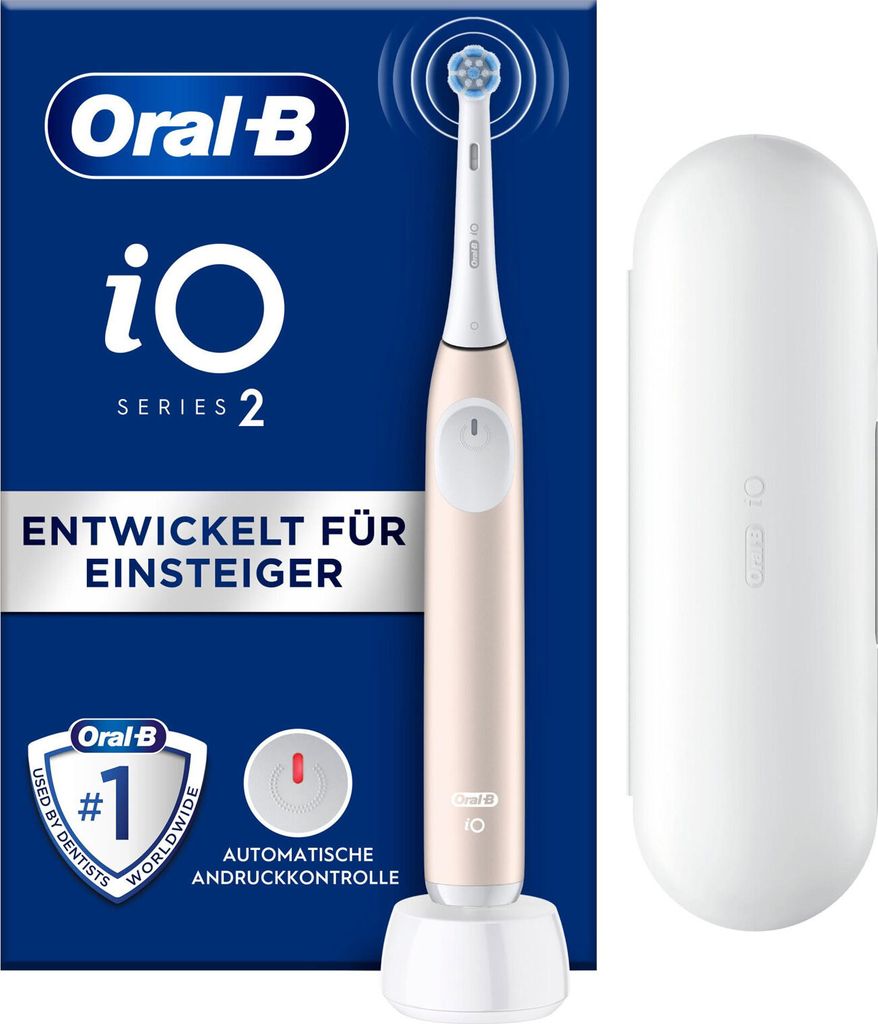 A product shot of an Oral-B electric toothbrush and its charging case, presented on a white background with packaging details.