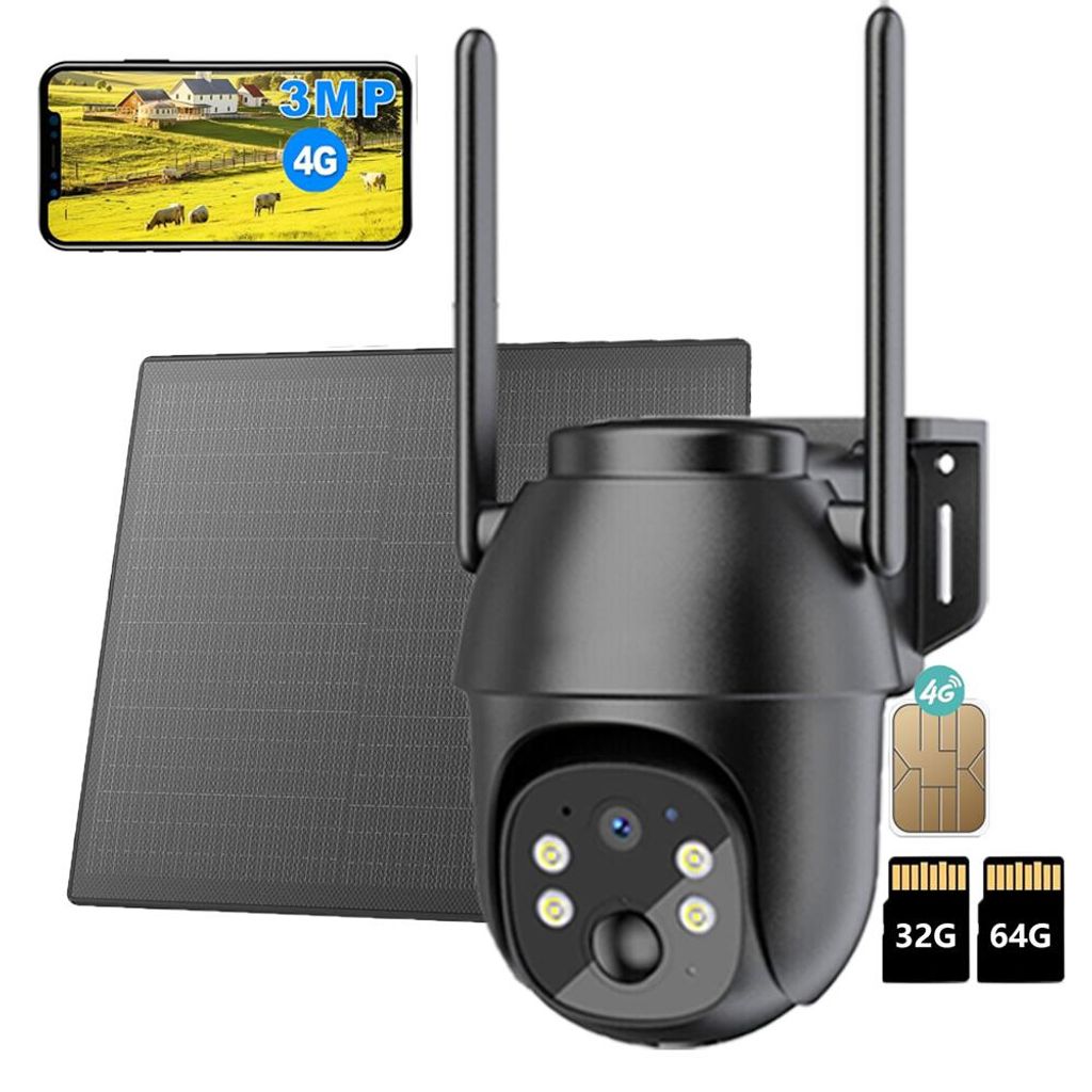 4G LTE Überwachungskamera Aussen Akku mit SIM Karte 2K Kabellos Solar PTZ IP Kamera Outdoor Ohne WLAN IR/Farb-Nachtsicht PIR Erkennung mit 32G & 64G