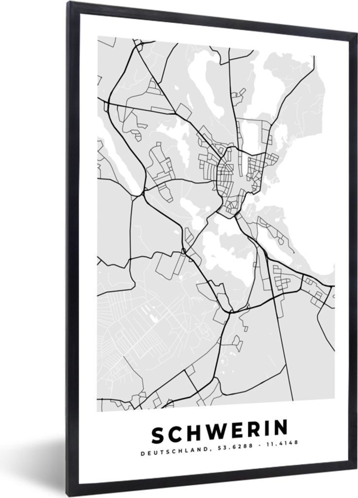 MuchoWow Gerahmtes Poster Deutschland - Karte - Schwerin - Stadtplan 60x90 cm - Poster mit Schwarzem Bilderrahmen Wandposter Rahmen Foto Bilder -...