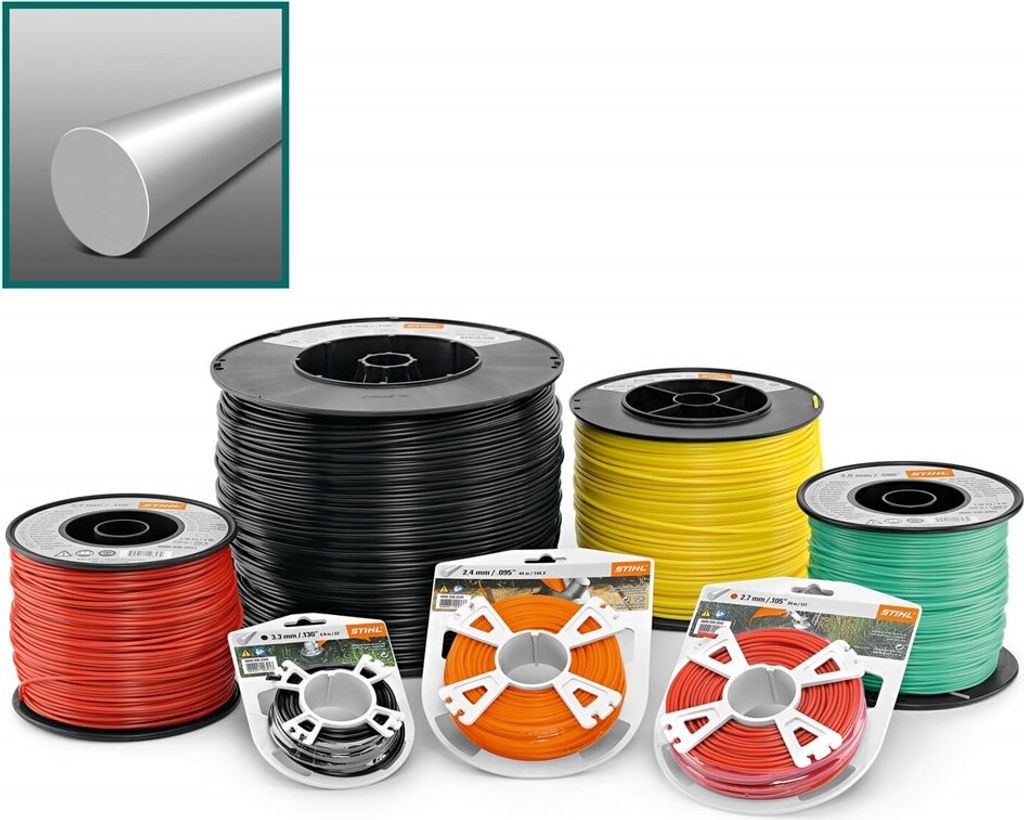 A collection of spools of trimmer line in various colors, with a close-up of a silver rod in the upper left corner.