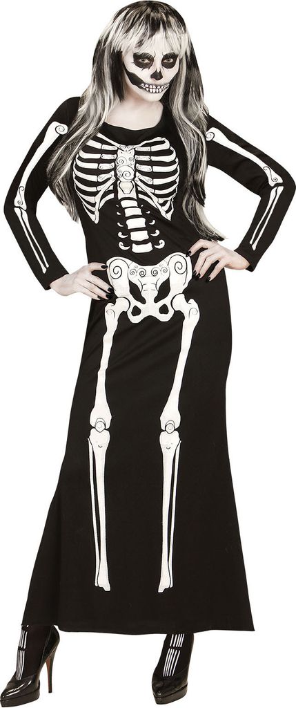 Skelett Girl Kostüm für Damen | Langes Kleid mit Skelettdruck - Schwarz Größe: XS
