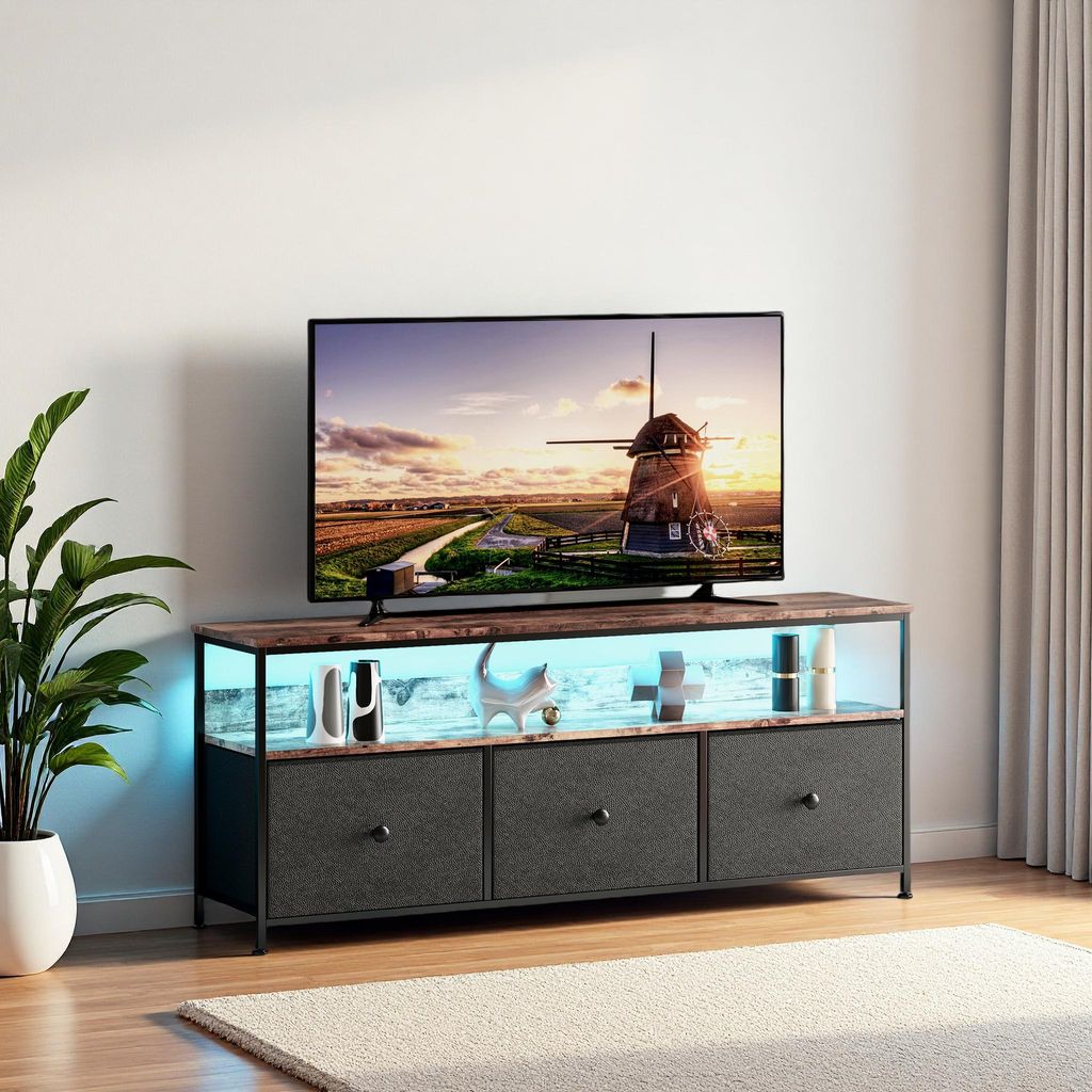 ProximaX TV-Schrank mit RGB LED-Beleuchtung, Industriestil Fernsehtisch mit 3 Schubladen, Multifunktionaler Lowboard für Wohnzimmer, 137cm, Rustik...
