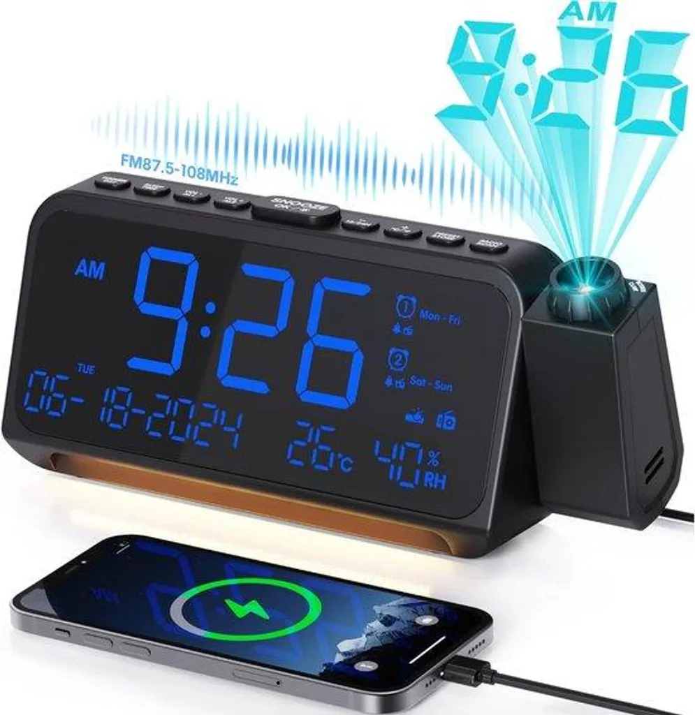 Réveil numérique avec radio FM et projecteur pour table de chevet noir
