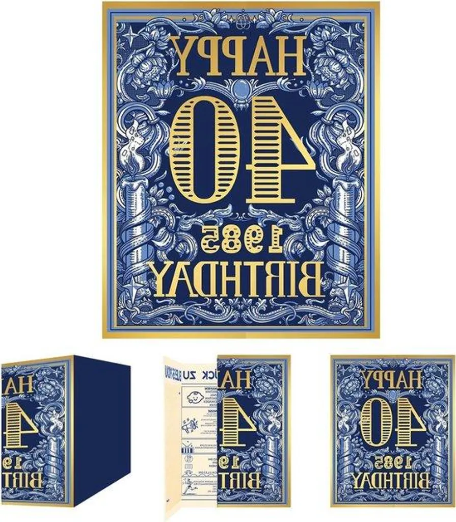 Carte d'anniversaire vintage bleu et or avec enveloppe chic - 25x20 cm