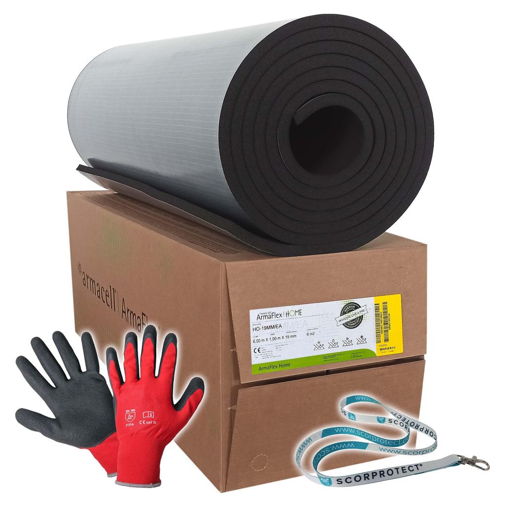 A roll of insulation material is placed on top of a cardboard box, with a pair of gloves and a lanyard lying in front of the box.