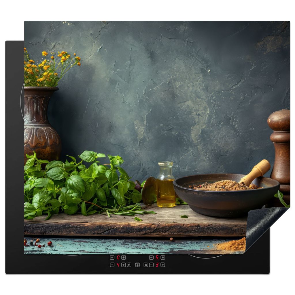 KitchenYeah Herdabdeckplatte Stilleben - Küche - Kräuter , 57x51cm, Küche Deko, Glaskeramikkochfeld Herdabdeckung, Abdeckplatte fùr Kochfeld