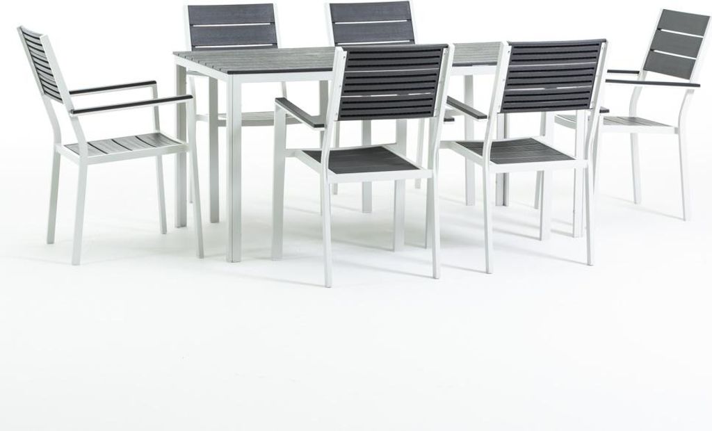 Gartenset mit rechteckigem Tisch 180×90 cm aus Stahl und Polyethylen in Holzoptik und 6 stapelbaren Stühlen – modernes, robustes und harmonisch...