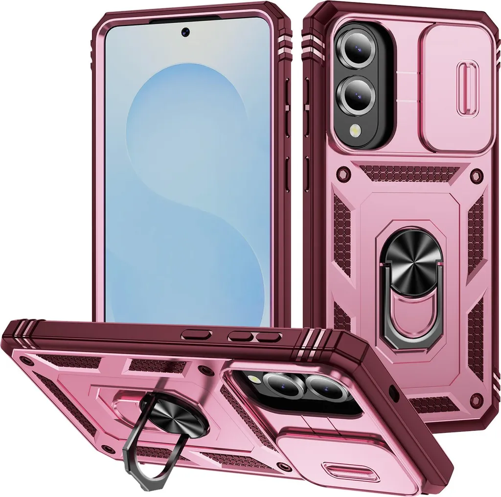 Custodia per Samsung Galaxy S25 Edge protezione fotocamera scorrevole, resistente agli urti, con supporto ad anello, supporto e porta carte di credito rosso Rosa