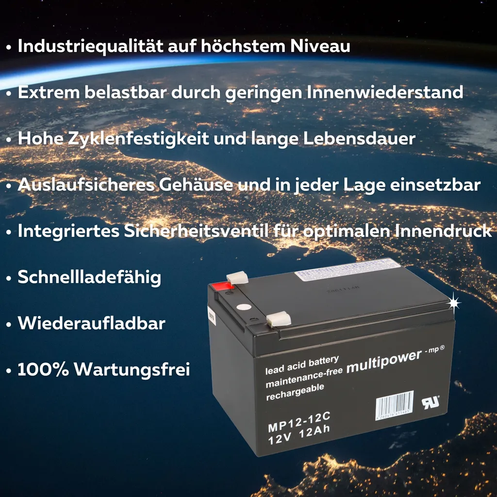 Batterie 12V 12Ah Multipower MP12-12C Résistant au Cyclage Faston