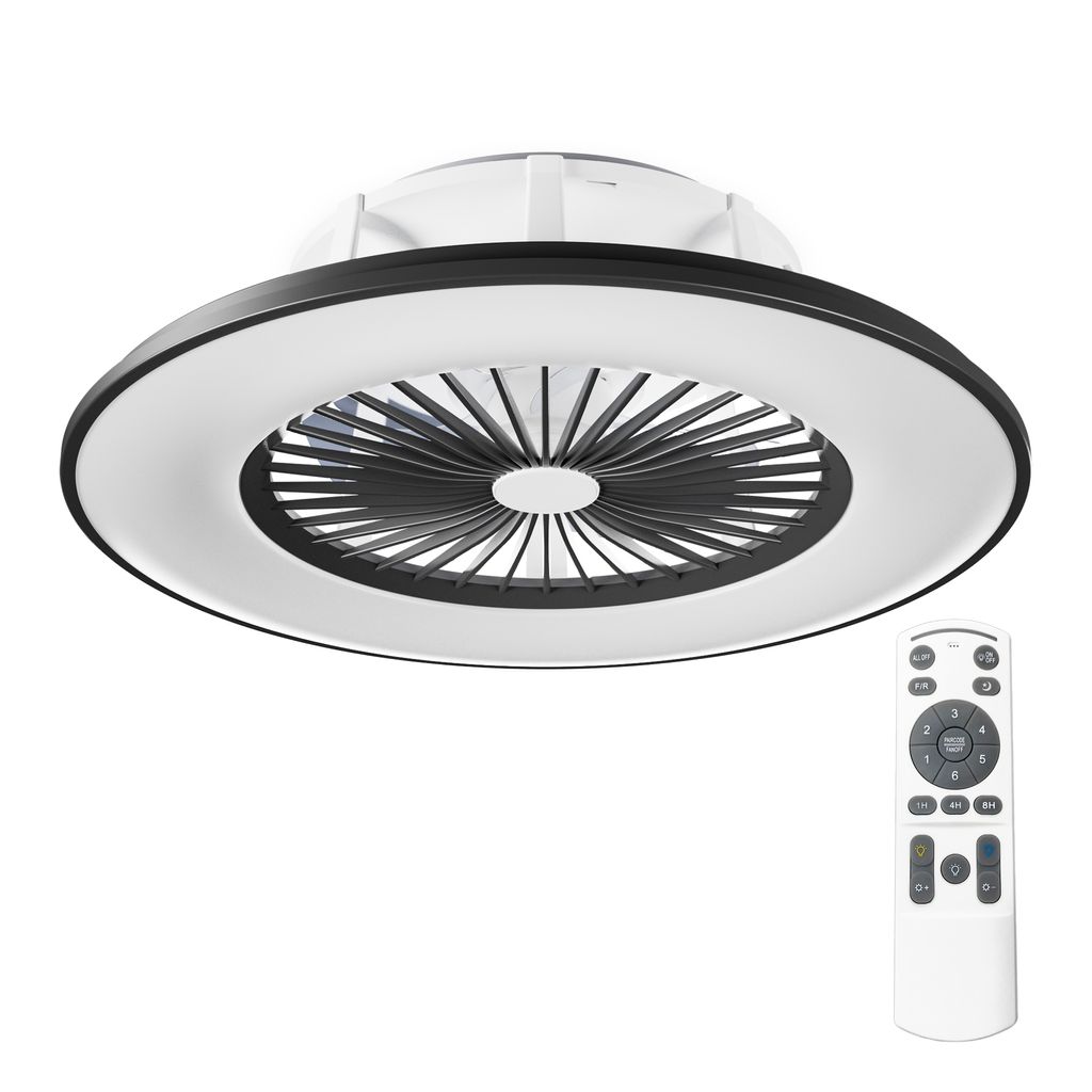 A ceiling fan with integrated LED lighting and a remote control.