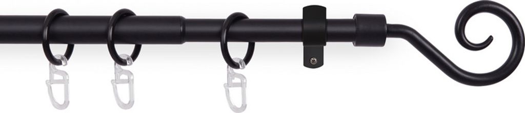 A black curtain rod with rings and a decorative scroll end, presented against a white background.