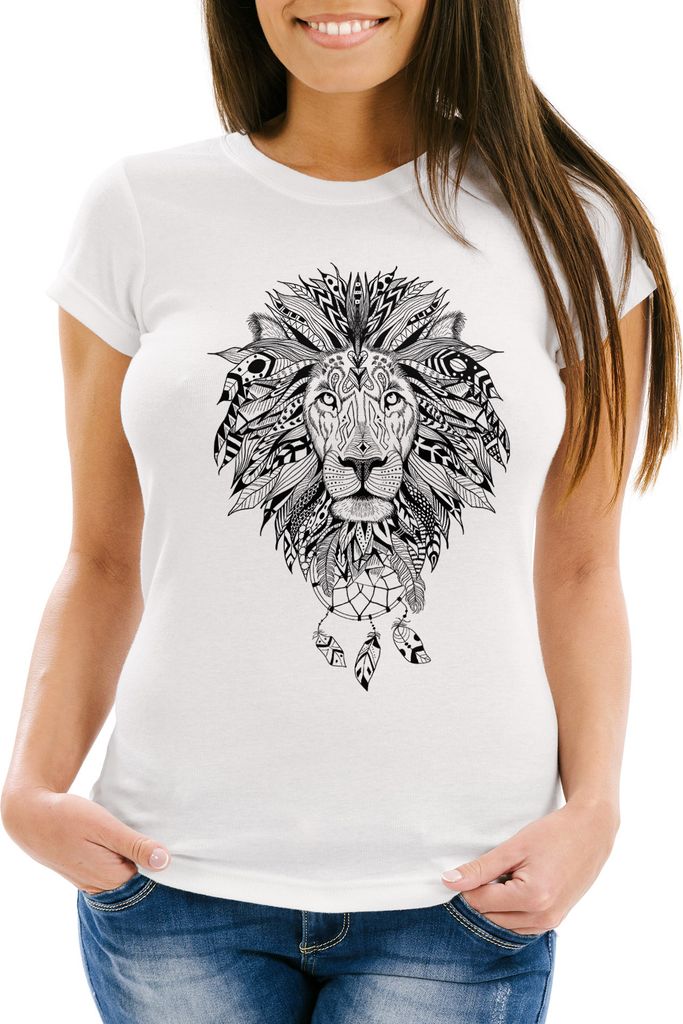 Damen T-Shirt Löwe Lion Ethno Atzekenmuster Boho Atzec Traumfänger Neverless weiß M